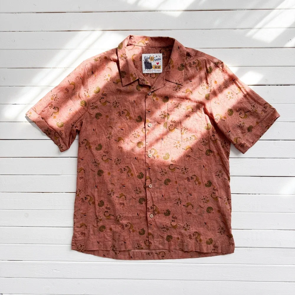 Naked & Famous men's rust orange floral linen short sleeve shirt size M - Picture 2 of 4